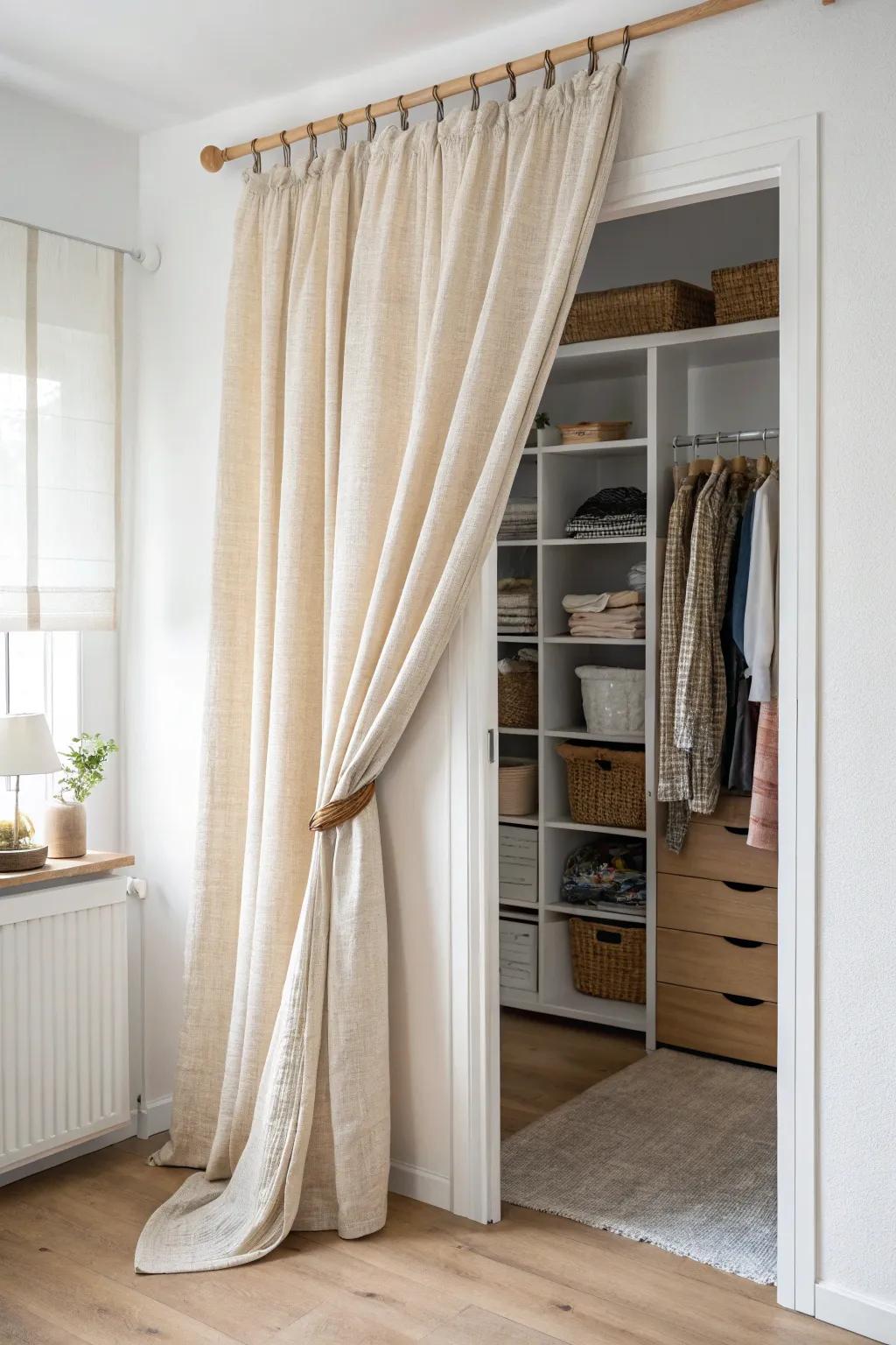 Replace bulky closet doors with a linen curtain—more floor space, softer style, hidden clutter.