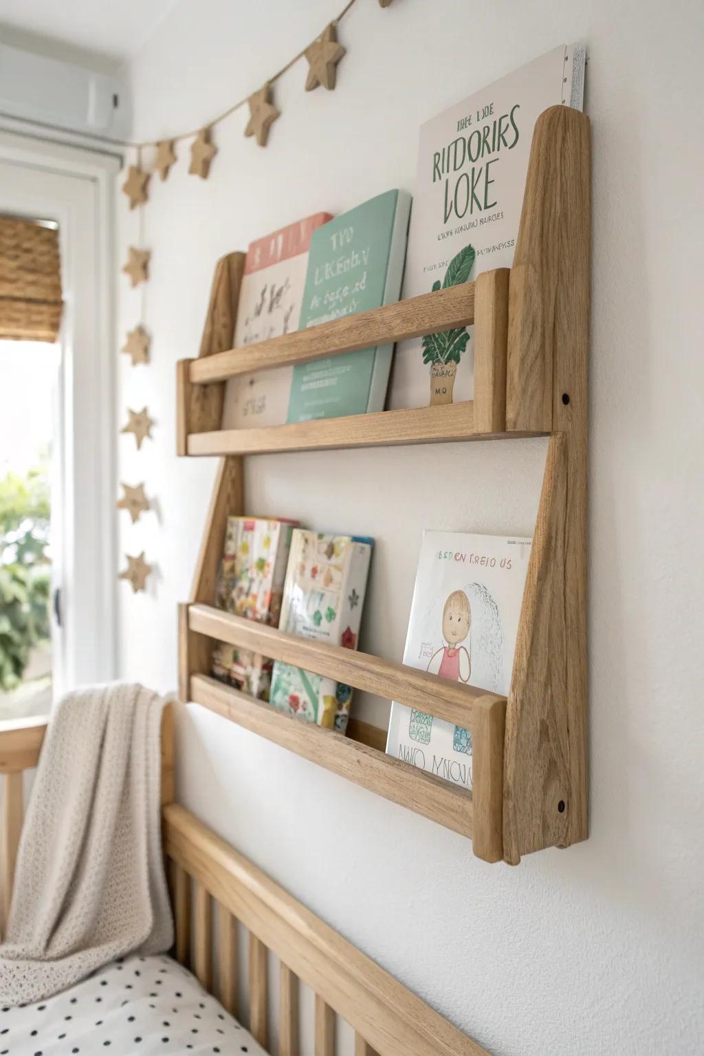 Wooden spice-rack turned book ledge—perfect for small rooms and front-facing book display.