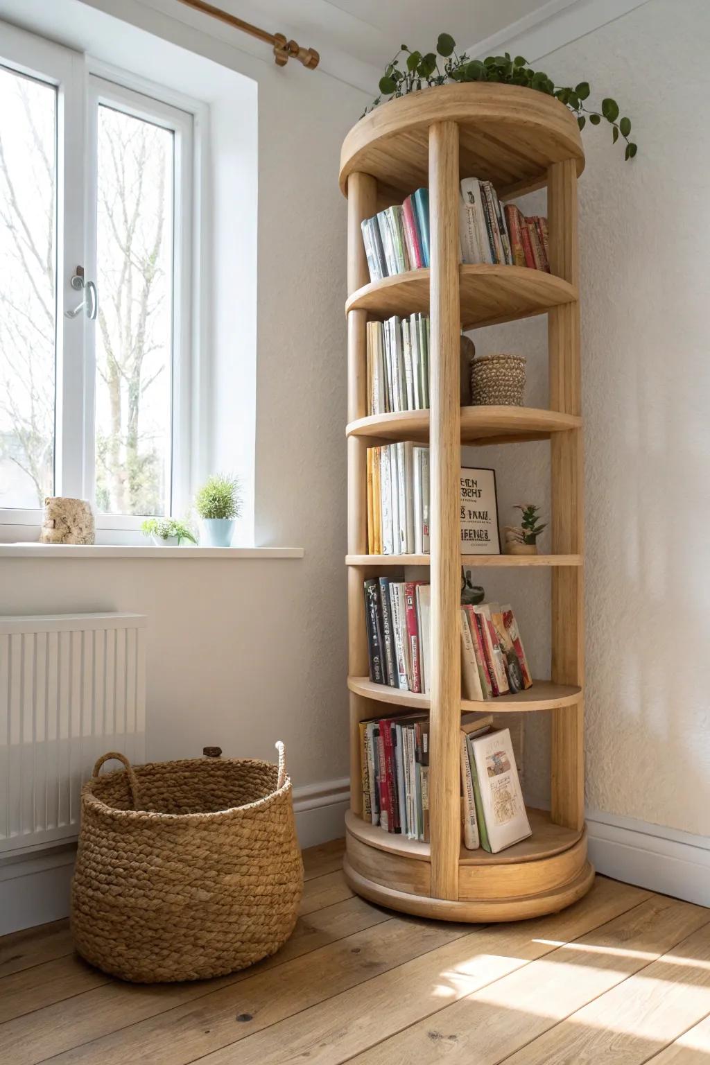 Spinning tower bookshelf: a tiny-footprint corner solution that lets kids browse with ease.
