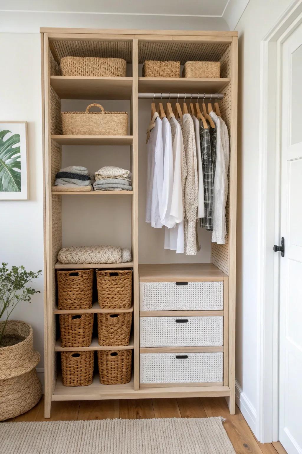 A slim center shelf divider gives each child a clear side—calm closet, fewer arguments.