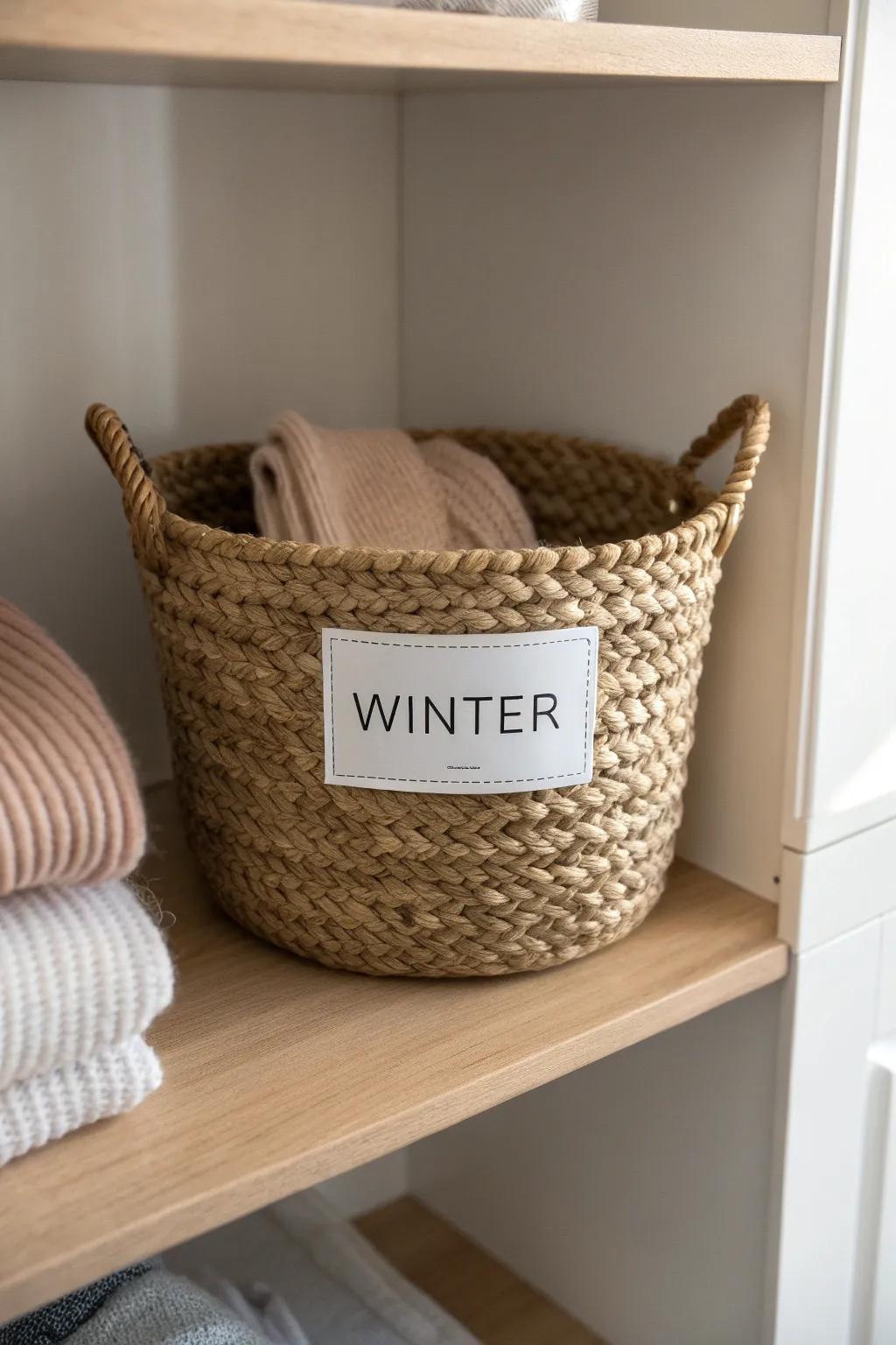 Rotate seasonal clothes up high with a labeled bin—calm, tidy, and always ready for growth spurts.