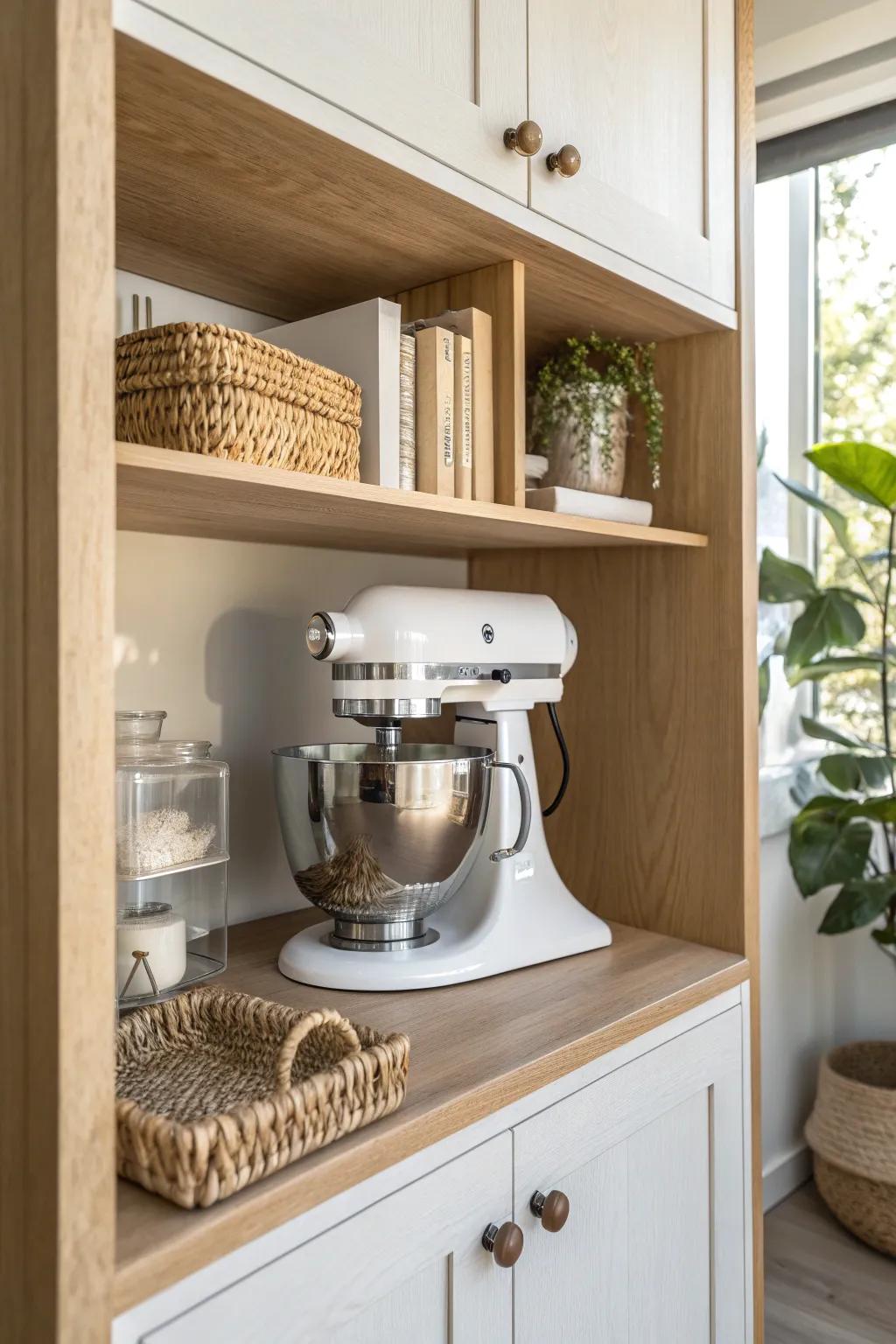A chic appliance parking zone: tuck your mixer into a closet niche to free up counter space.