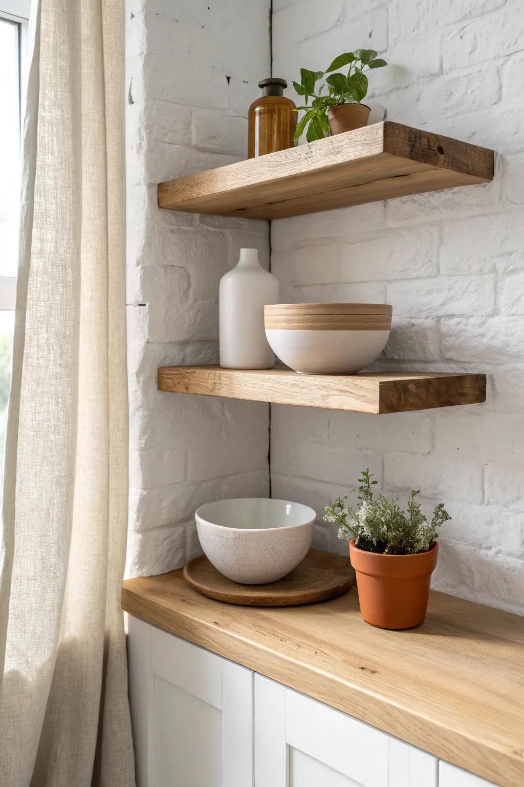 A simple floating corner shelf adds vertical style without stealing counter space.