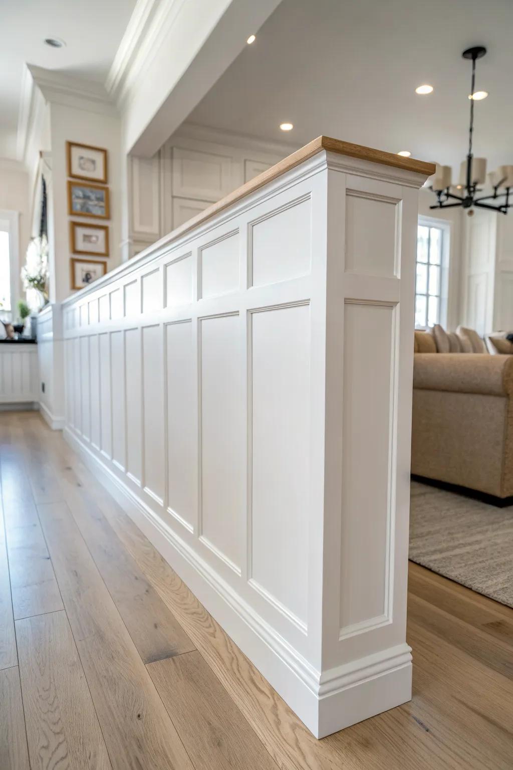 Turn a kitchen half wall into living-room decor with crisp, custom-look wainscoting.