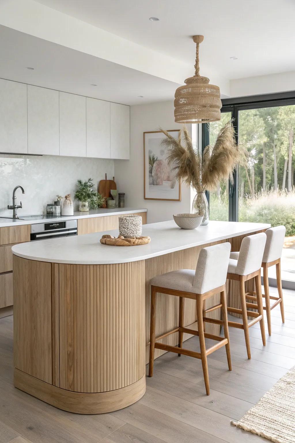 A wraparound booth island that adds seats without stealing space—minimal, warm, and inviting.