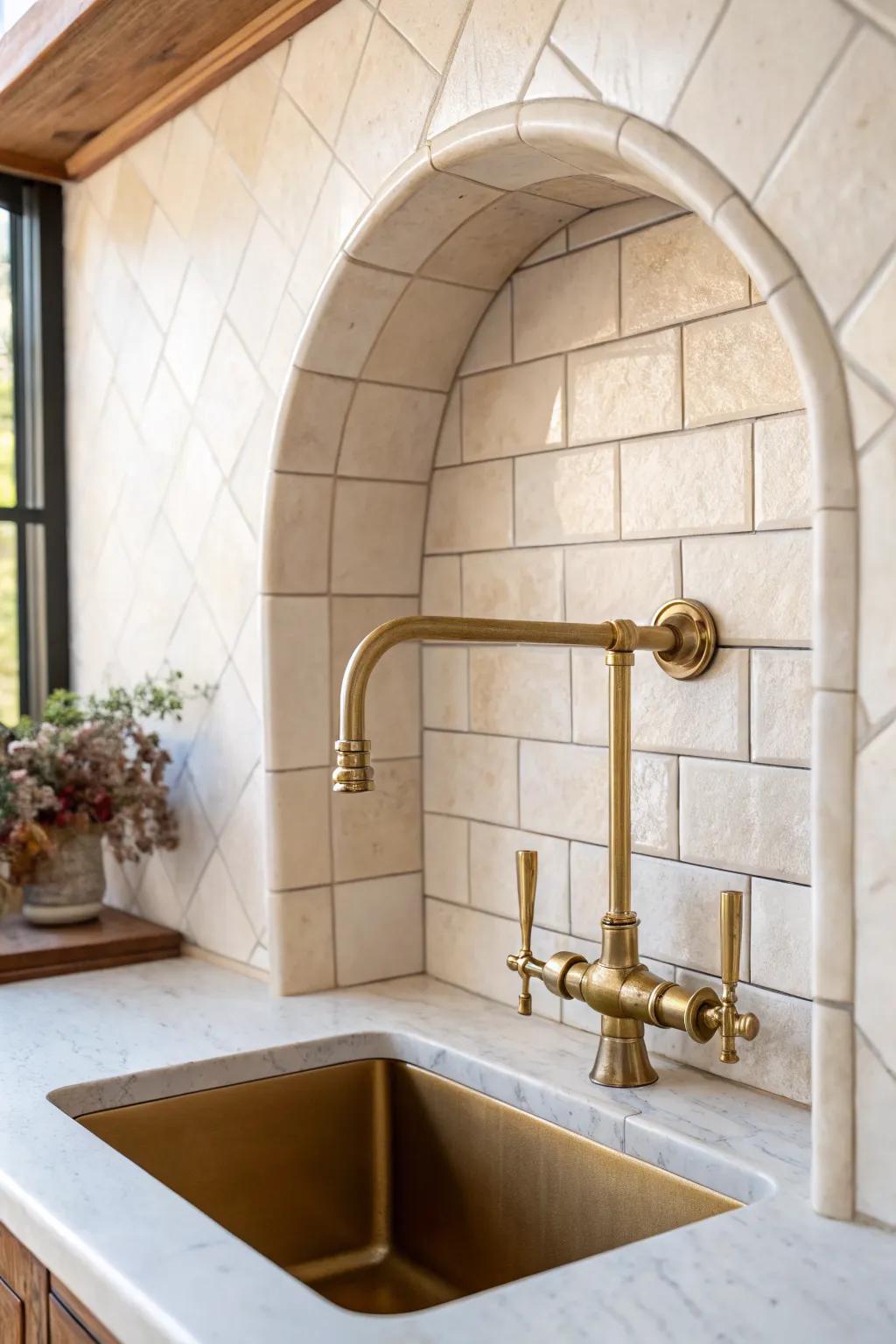 Pot-filler niche moment: a slim brass faucet framed by handmade tile for small-space chef vibes.