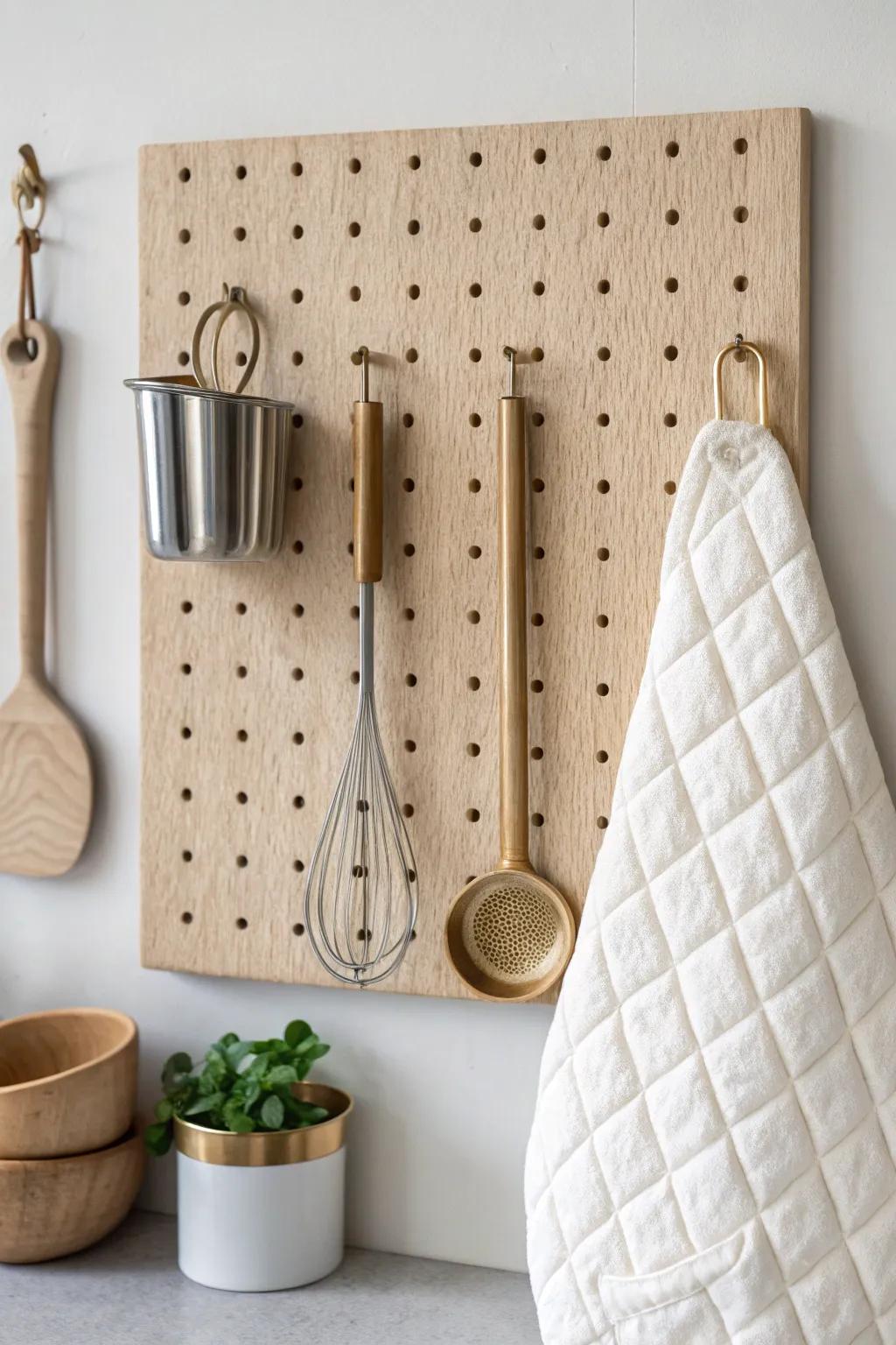 Seasonal pegboard swaps: shift from winter baking tools to breezy summer essentials in seconds.
