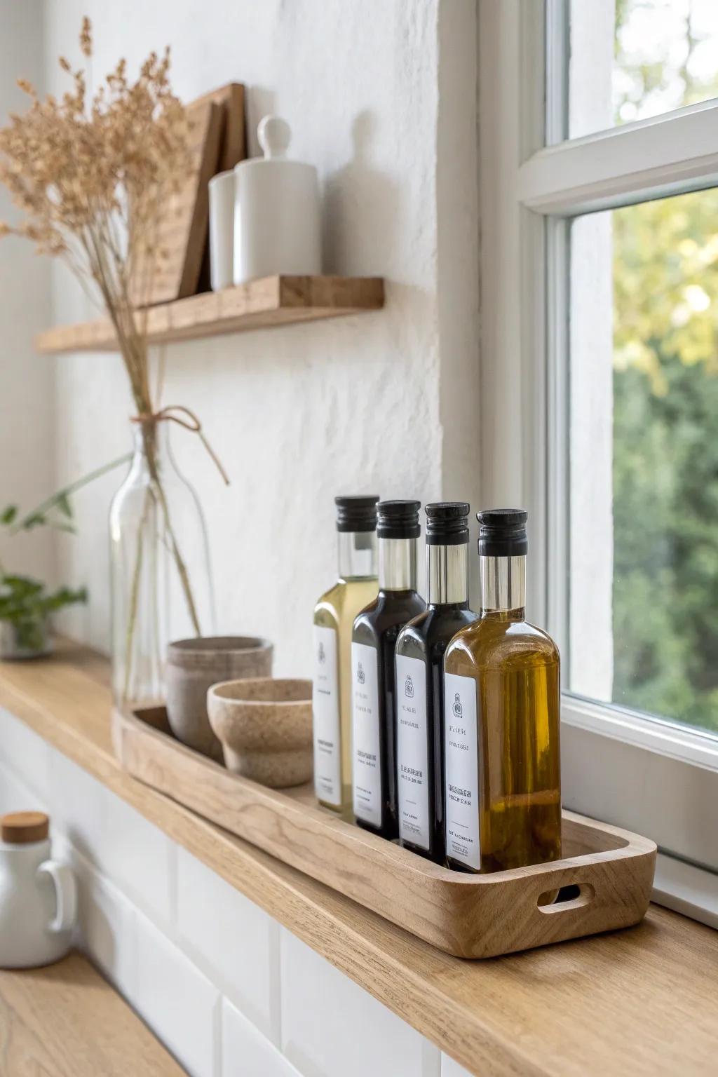A slim picture ledge keeps oils & vinegars off the counter—clean, chic, and easy to wipe.