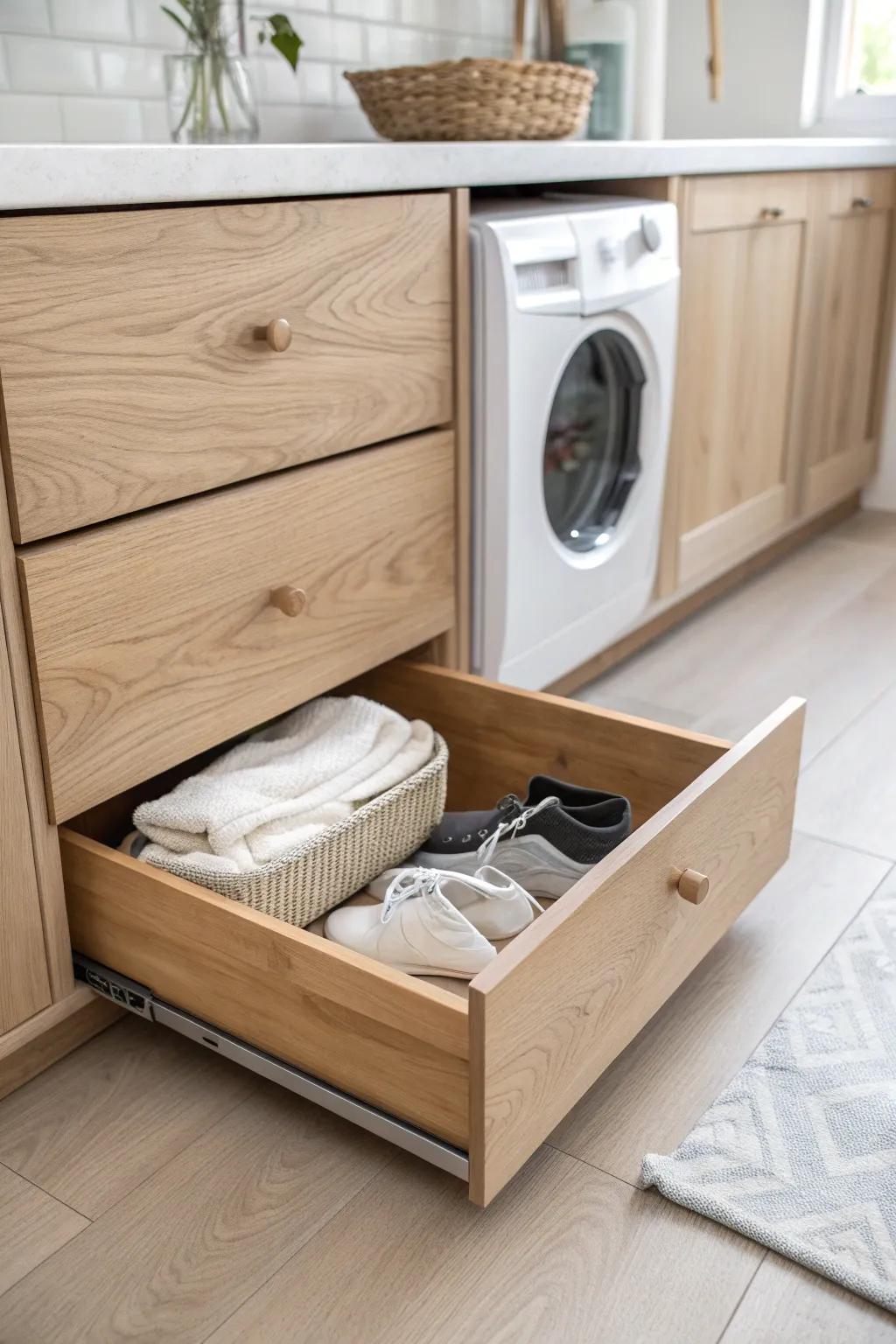 A hidden toe-kick drawer keeps stray socks, mesh bags, and lint tools neatly out of sight.