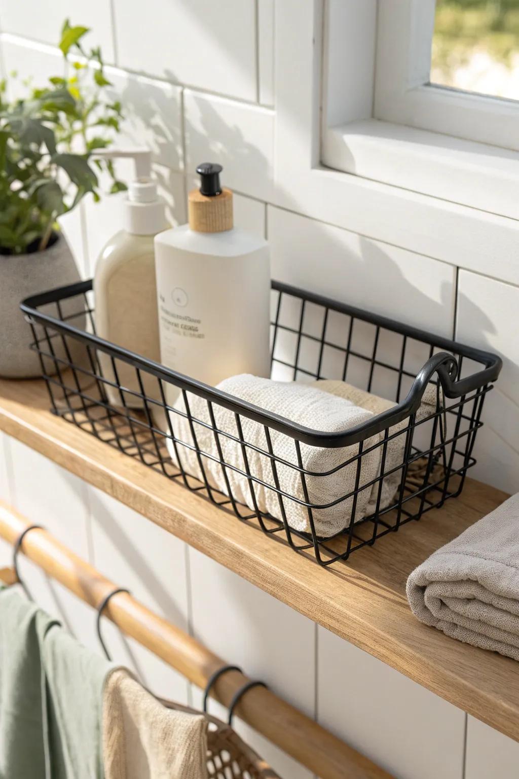 A pull‑out under‑shelf basket keeps detergent pods tidy and within easy reach in small laundries.