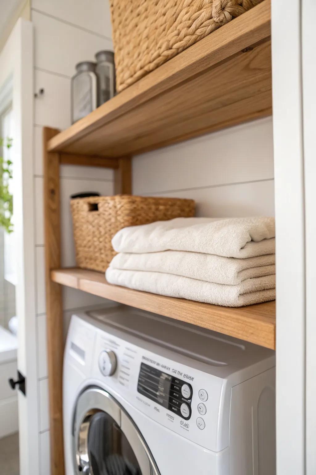 A slim oak folding shelf transforms a closet laundry nook into a calm, tidy folding station.