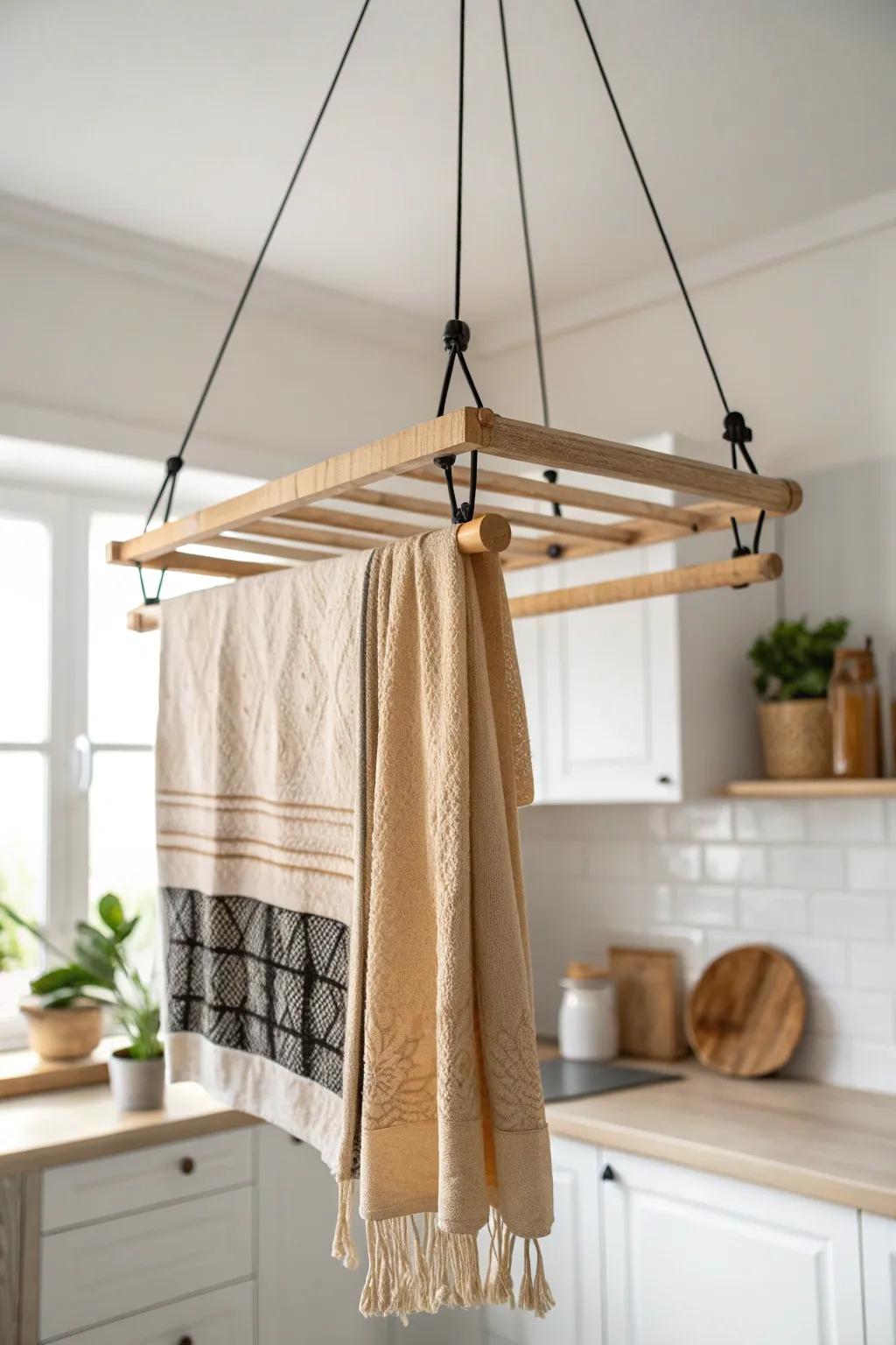 A ceiling-mounted drying rack turns unused air space into a chic, clutter-free laundry zone.
