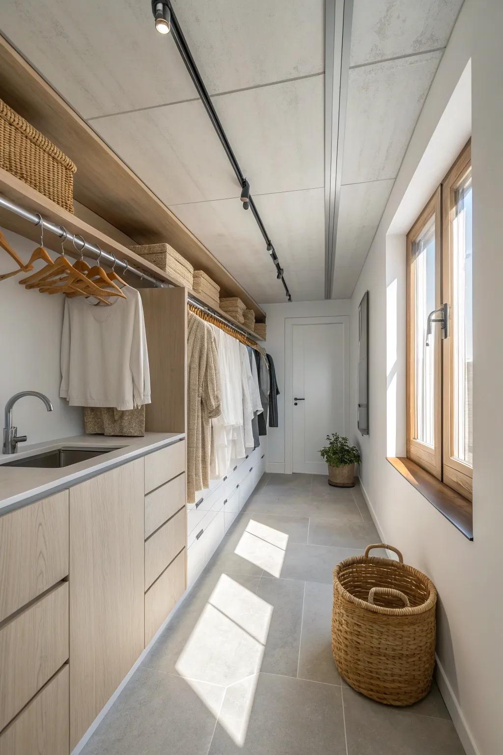Ceiling track with sliding hangers—an airy, space-saving drying zone for narrow laundry rooms.