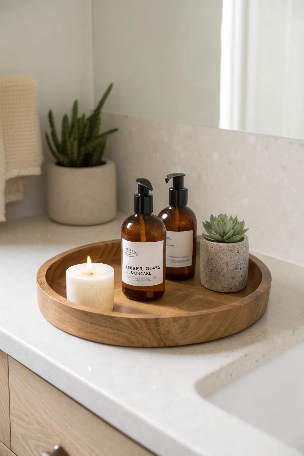 Turn your vanity into a mini spa—one lazy susan keeps skincare, candle, and plant in reach.