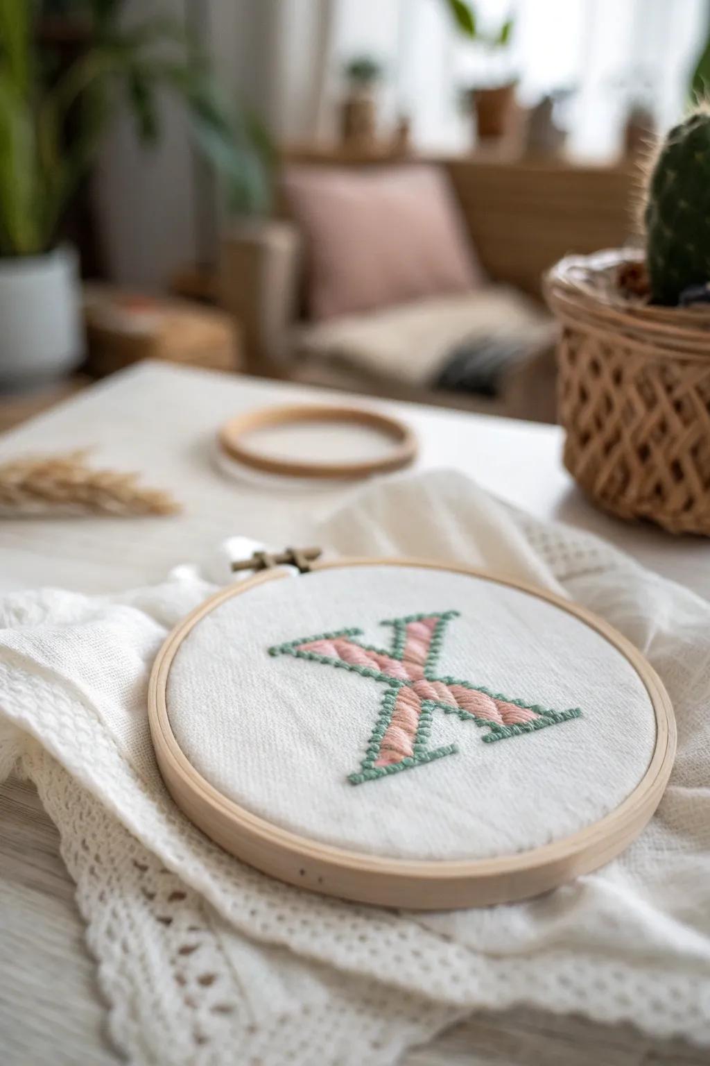 Find tranquility in every stitch with this minimalist cross-stitch 'X'. Perfect for adding a touch of handcrafted elegance to your space.