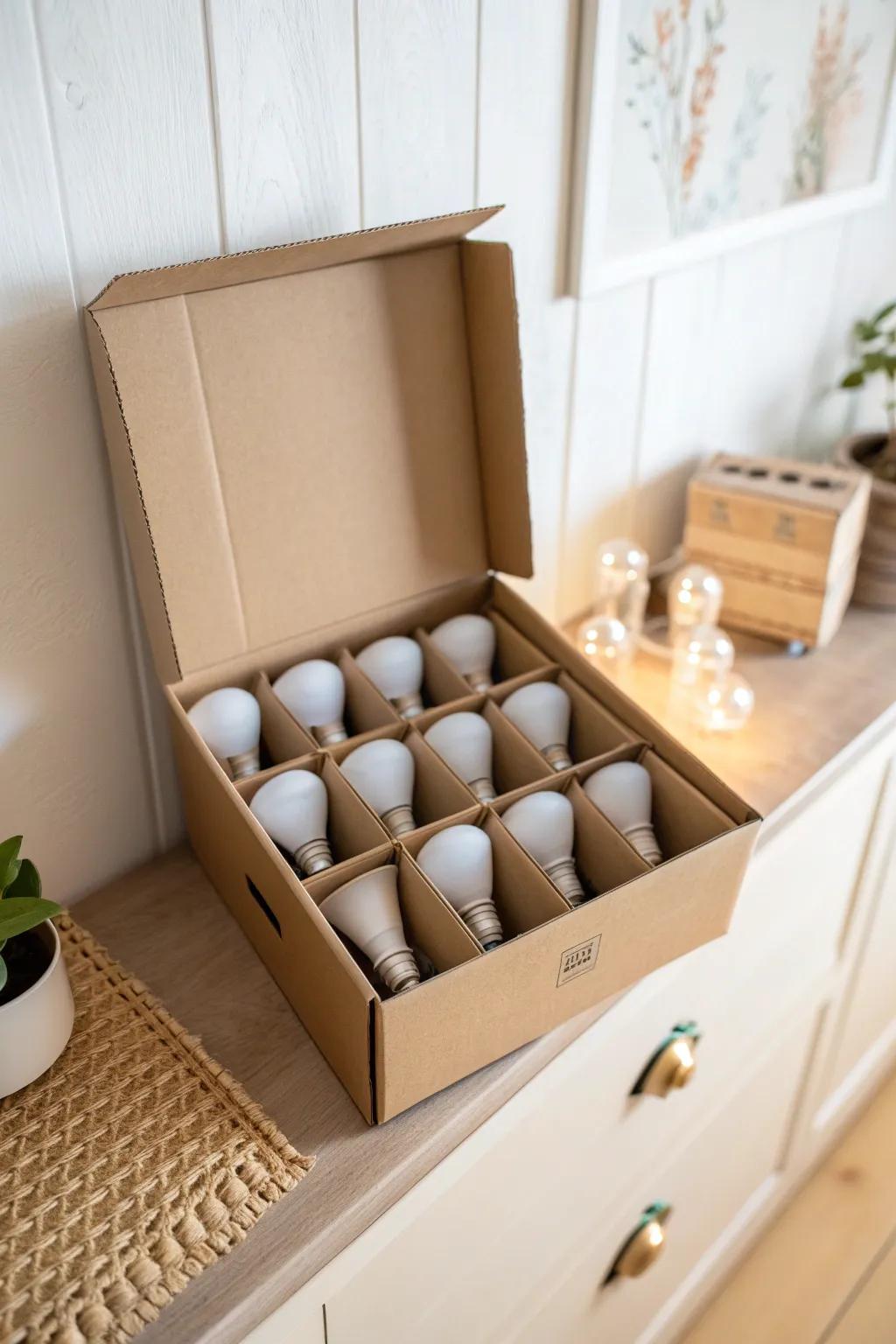 Turn a bottle divider box into safe, chic light bulb storage—separated, tidy, and space-smart.