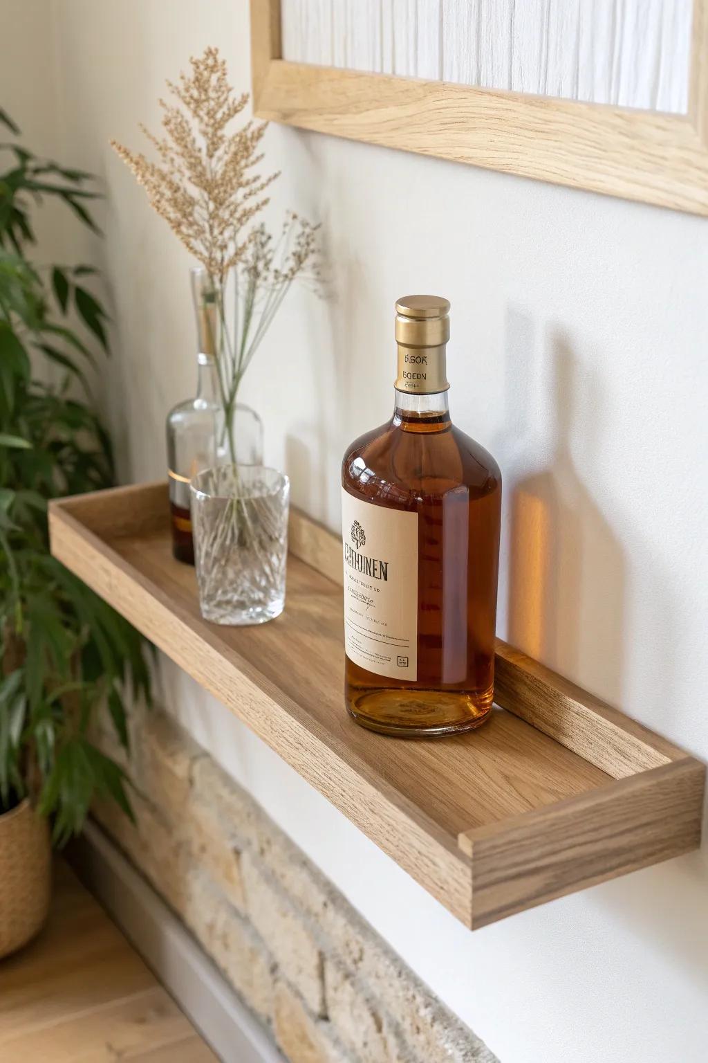 No-drill liquor shelf styling—one bottle, warm wood, and airy minimal boho charm.