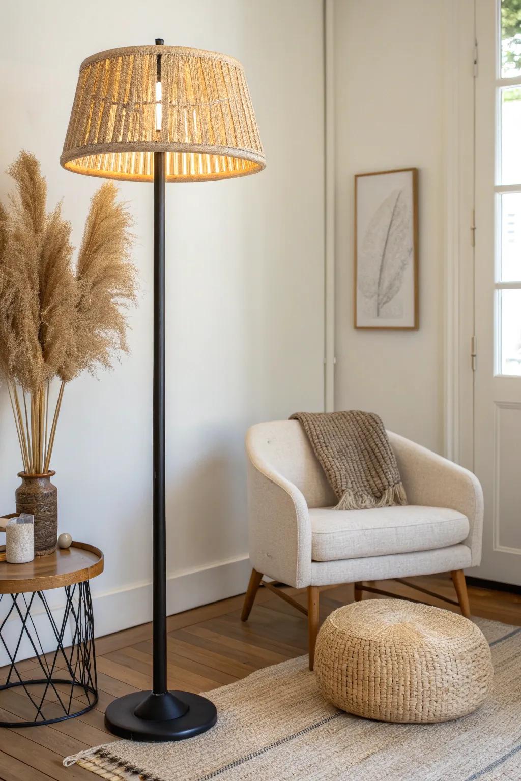 Turn a condo corner into a mini lounge with one sculptural statement lamp and soft neutrals.