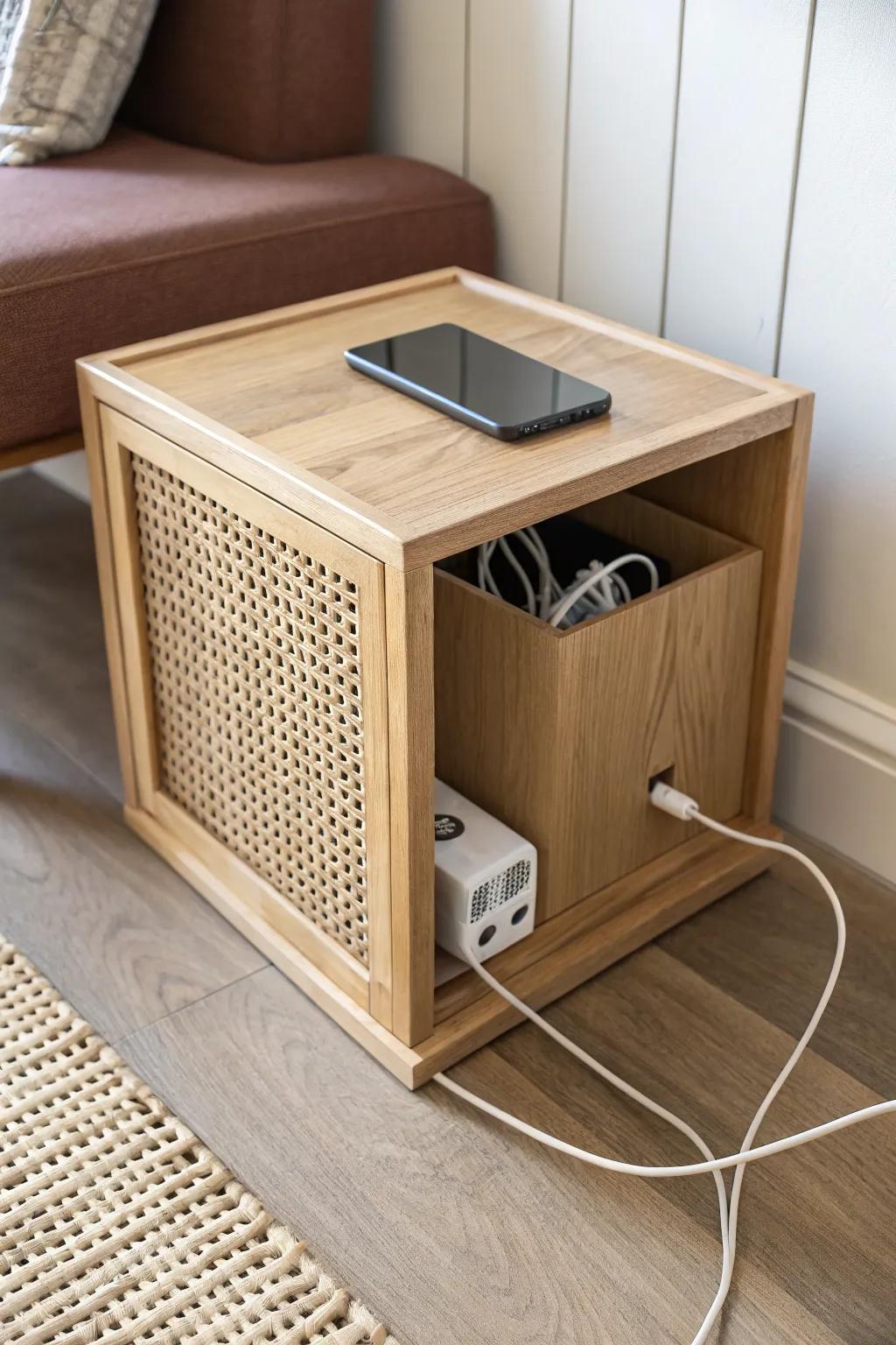 Hide a power strip in one cube for a tidy, stylish charging nook—goodbye cable sprawl.