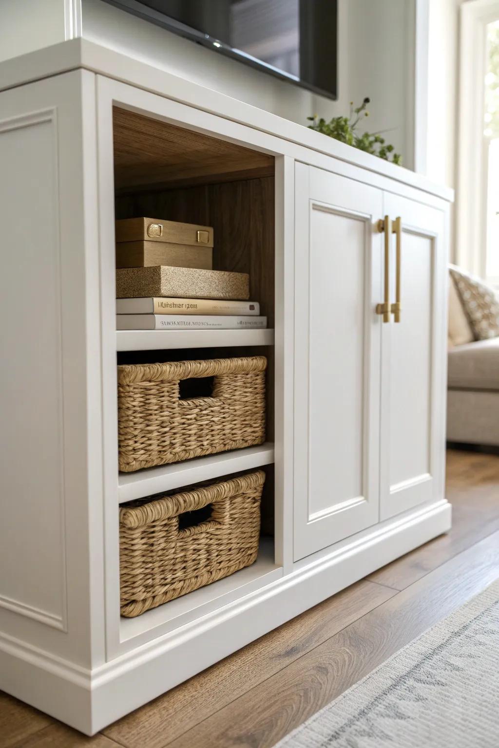 A flush hidden niche door keeps games and essentials out of sight—clean, calm, built-in.
