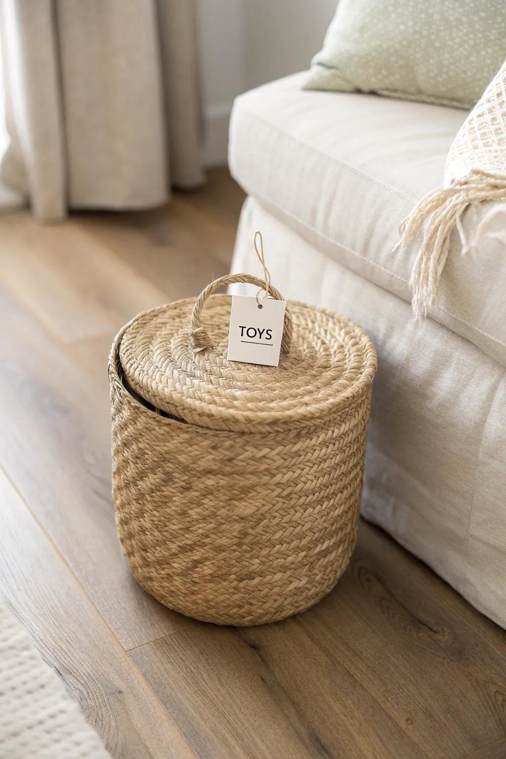 A labeled basket toy zone that resets in minutes—simple, pretty, and perfect for small living rooms.