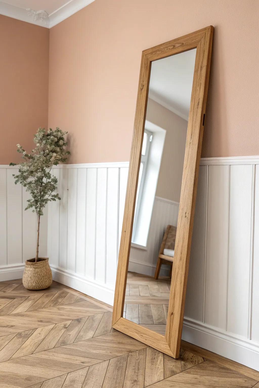 Two-tone walls: darker bottom, lighter top—adds height and a built-in look without new furniture.