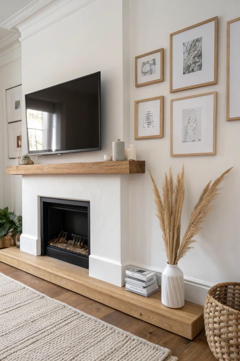A slim picture ledge under the TV adds a soft buffer above the fireplace—no clutter, just charm.