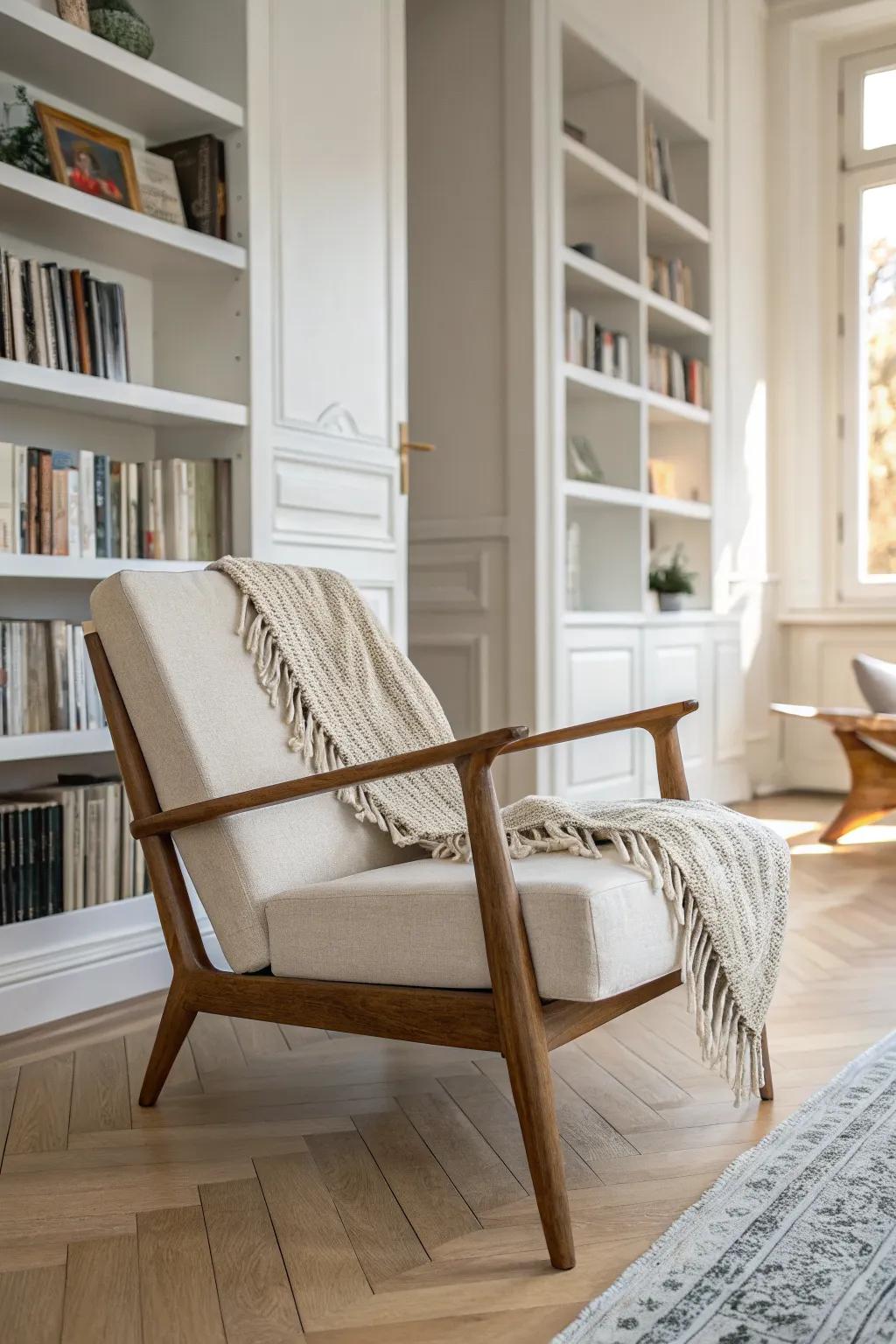 Cozy linen lounge chair beside built-ins—an instant reading nook that makes your shelves get used.