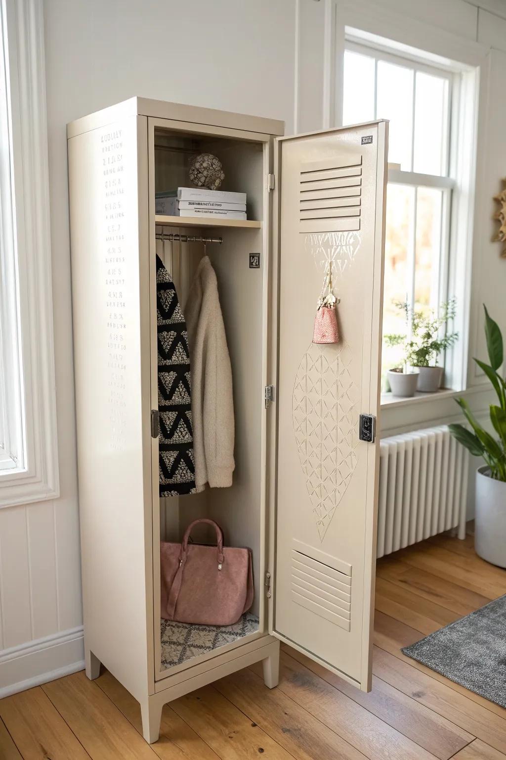 A cohesive locker look: repeat one geometric print and one soft texture—fun, not cluttered.