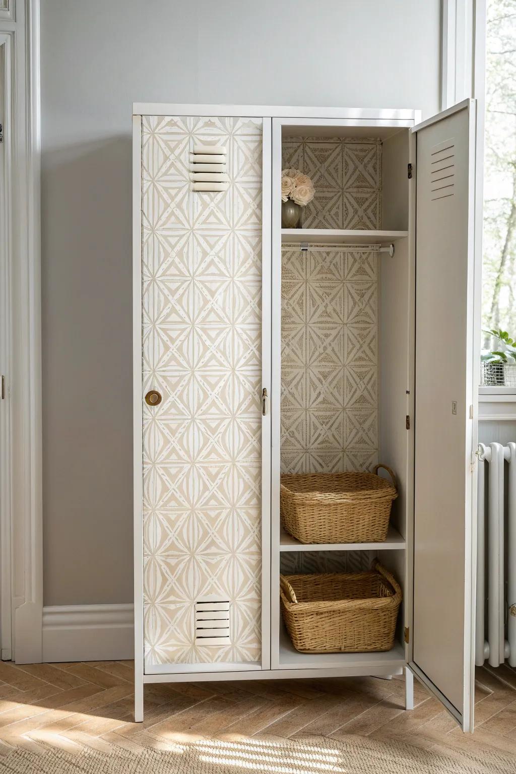 Removable wallpaper turns a plain locker interior into a warm, styled storage moment.