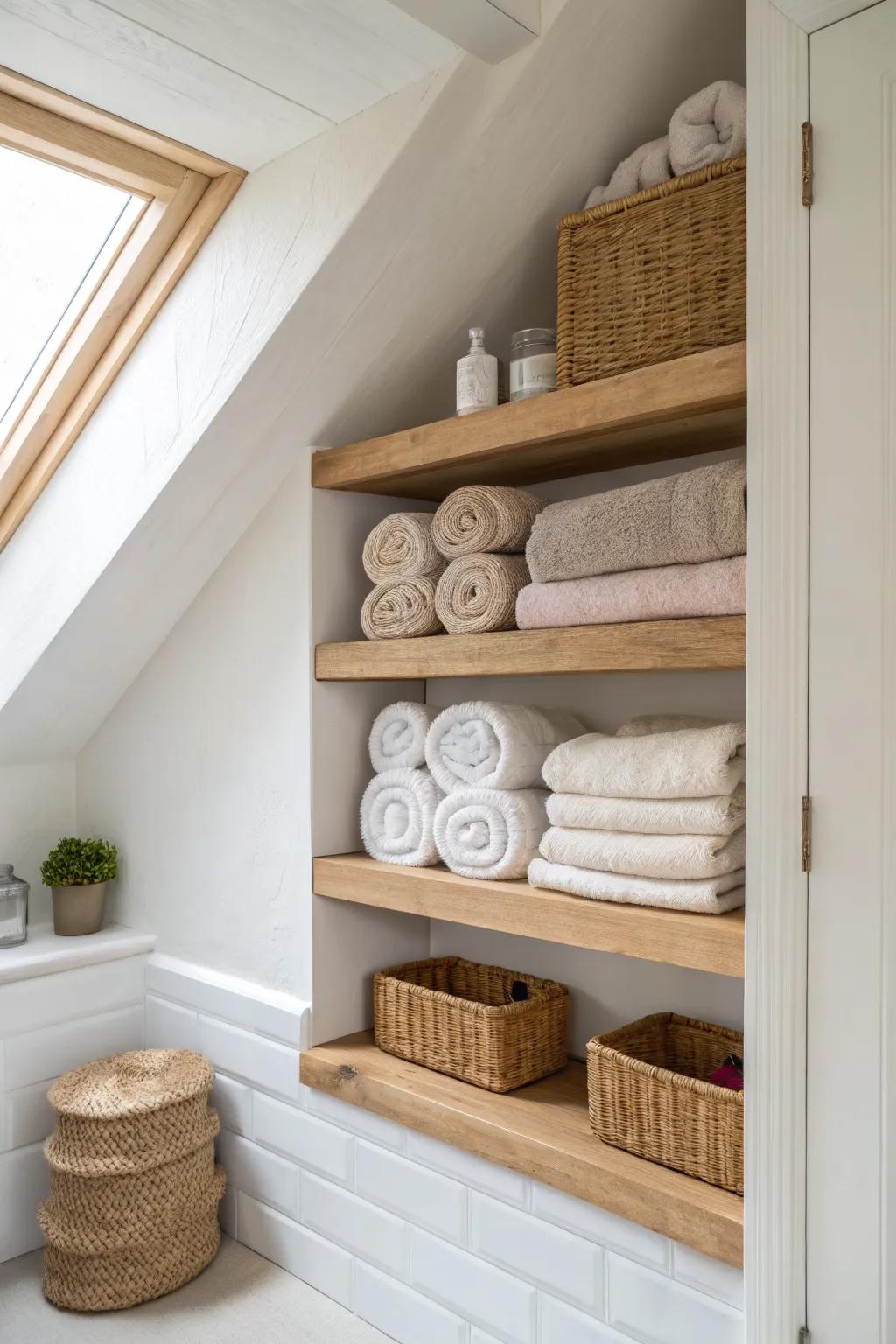 Turn the awkward under-eaves corner into a serene towel nook with stacked oak shelves.