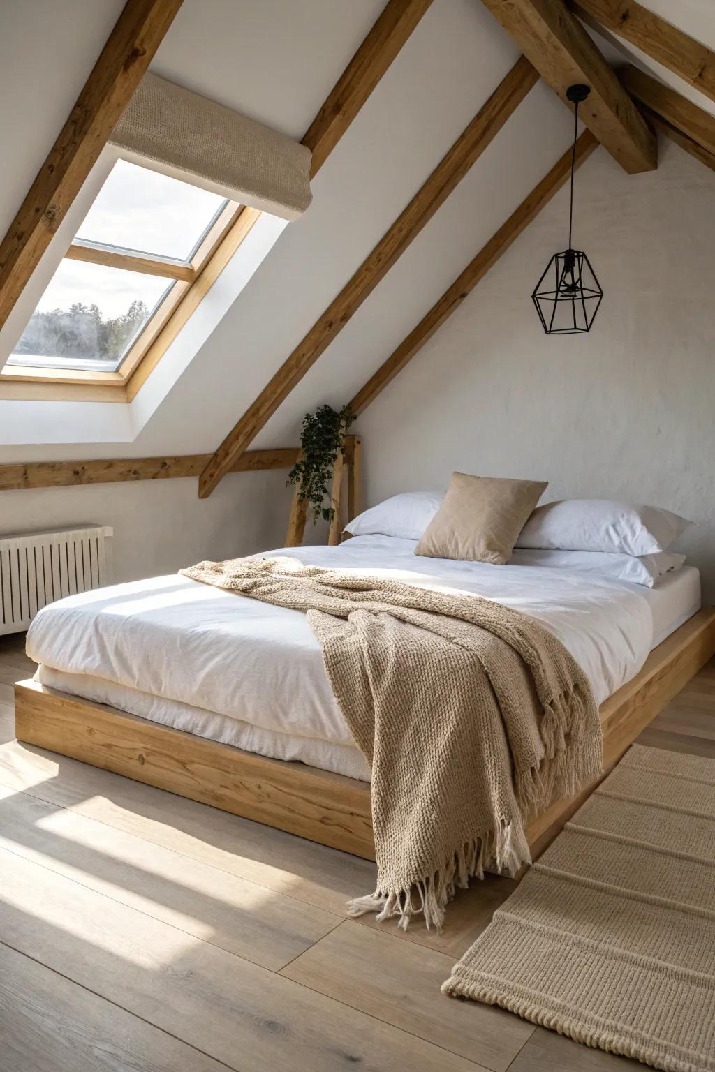 A low “floating” platform bed keeps loft bedrooms airy and balanced under the roofline.