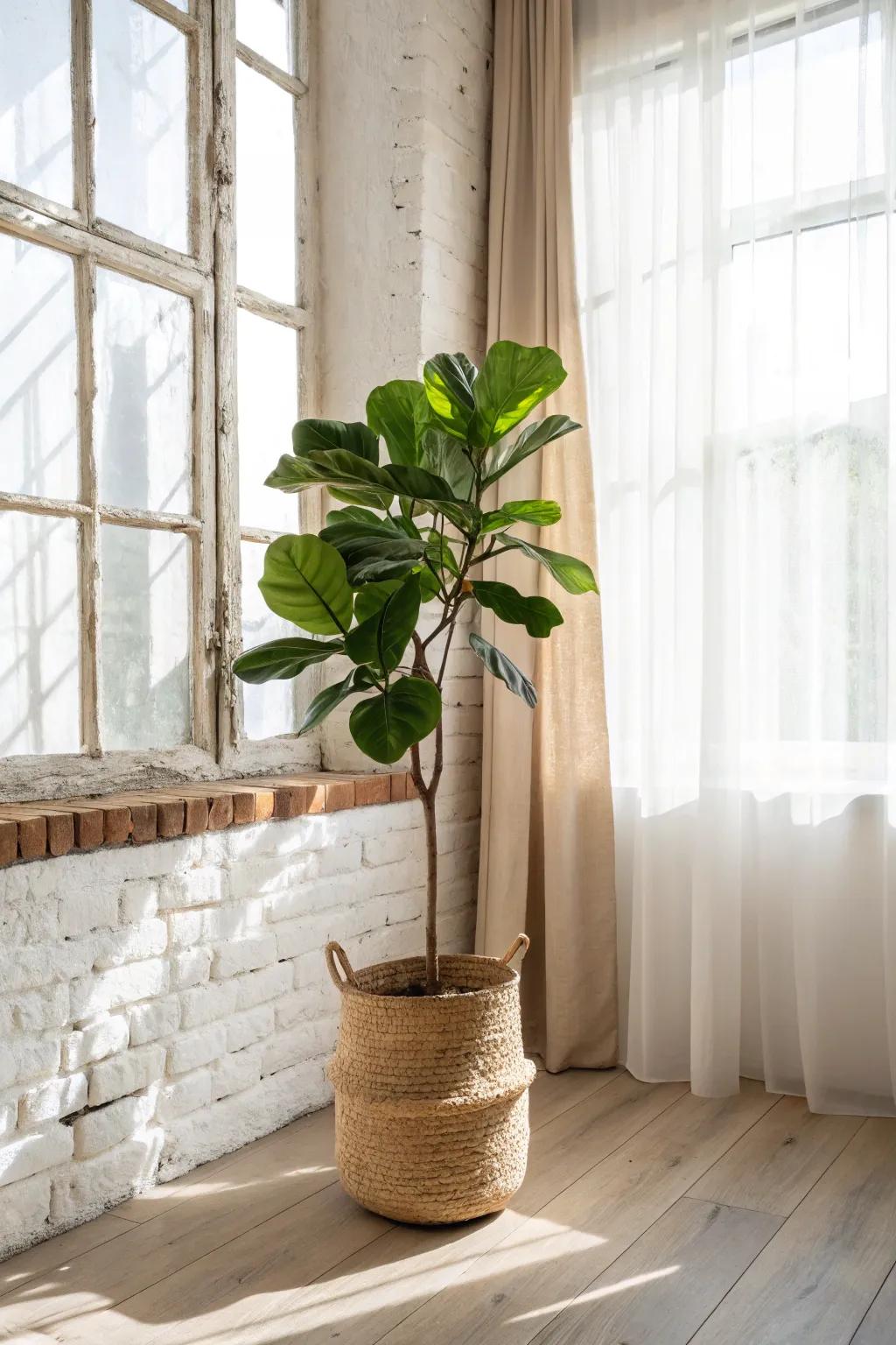 One oversized plant by the window bridges floor-to-ceiling scale and softens a loft’s lines.