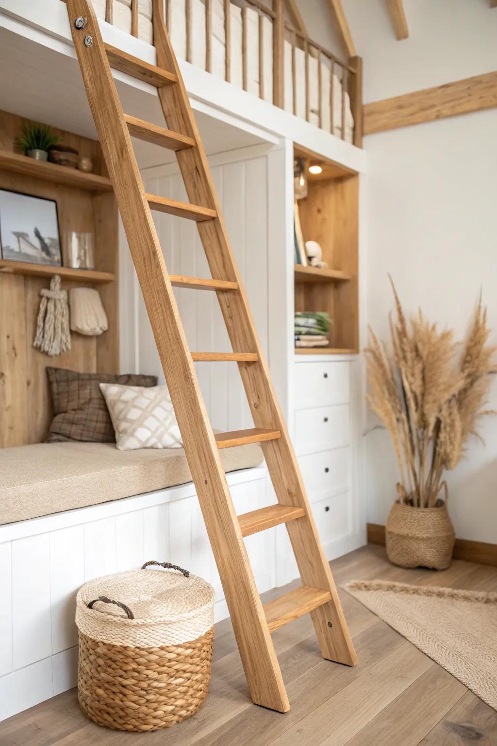Handcrafted ladder-stair defines two tiny-house zones—sleep above, read and store below.
