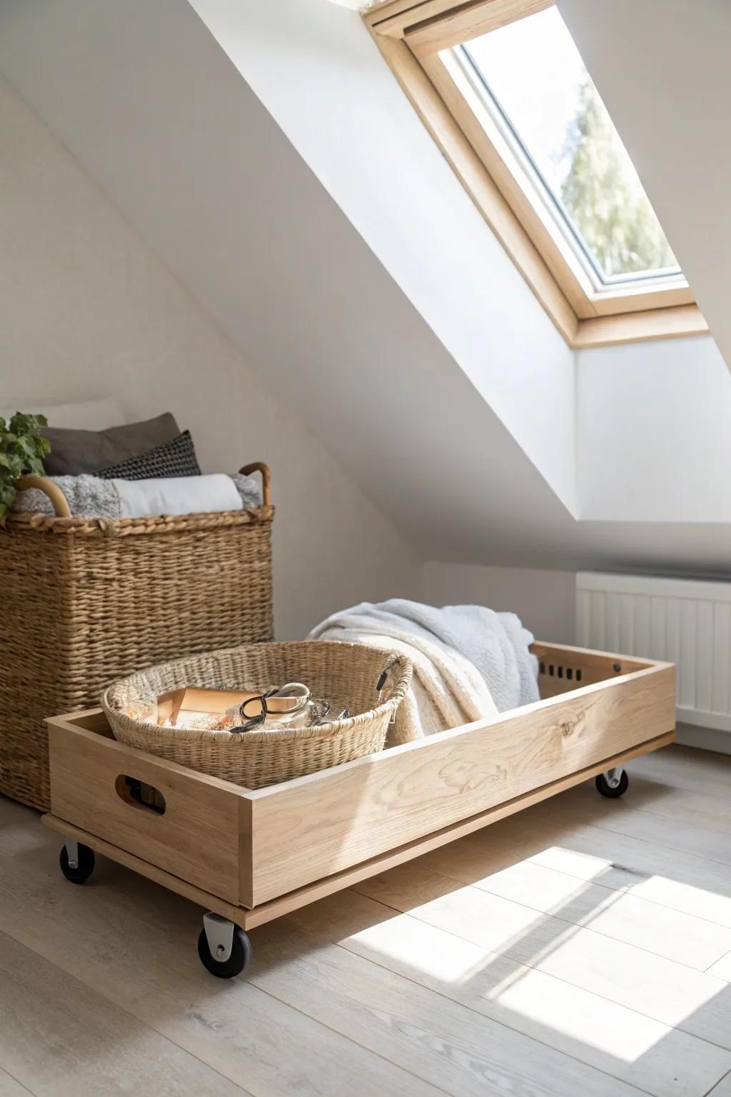 A pull-out eaves tray turns awkward loft corners into smooth, reachable storage.