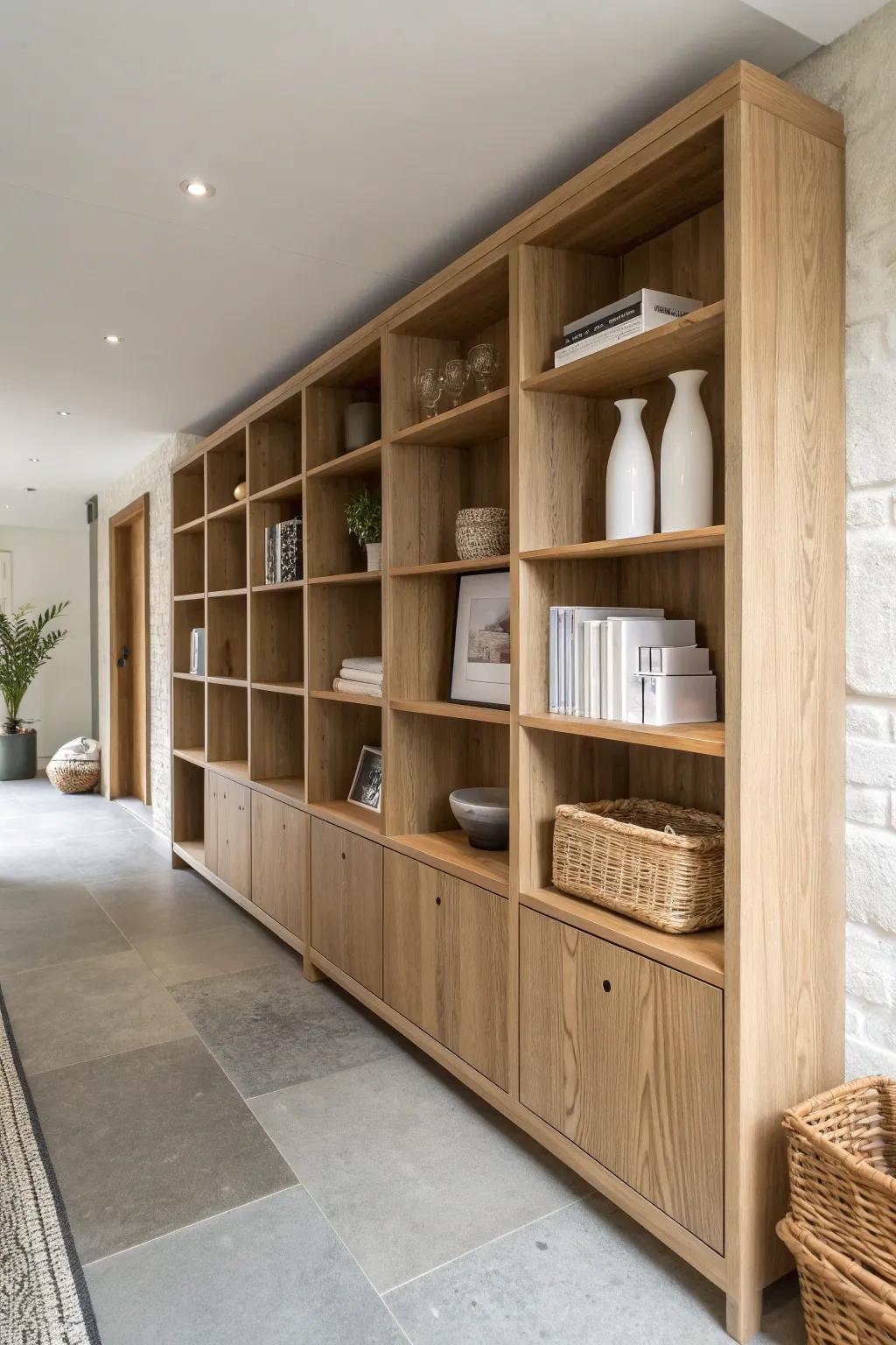 Open shelving divider for a long, narrow basement—pretty styling in front, storage hidden behind.