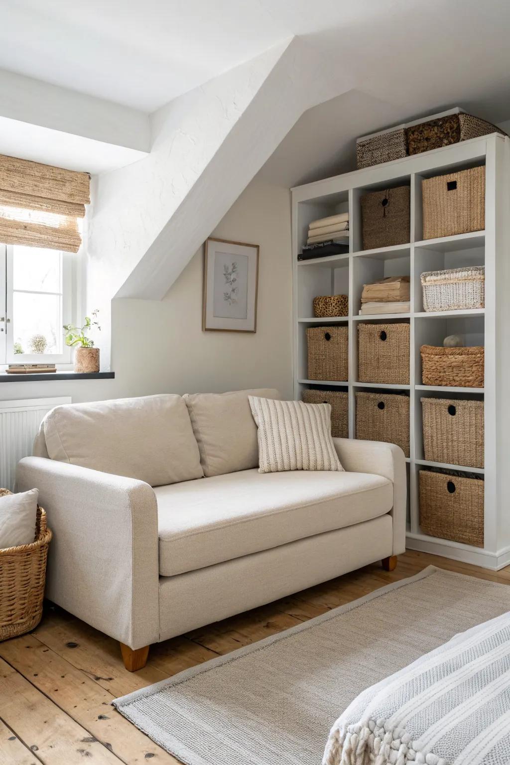 Foot-of-bed loveseat with hidden bins behind—serene seating + sneaky storage for small bedrooms.