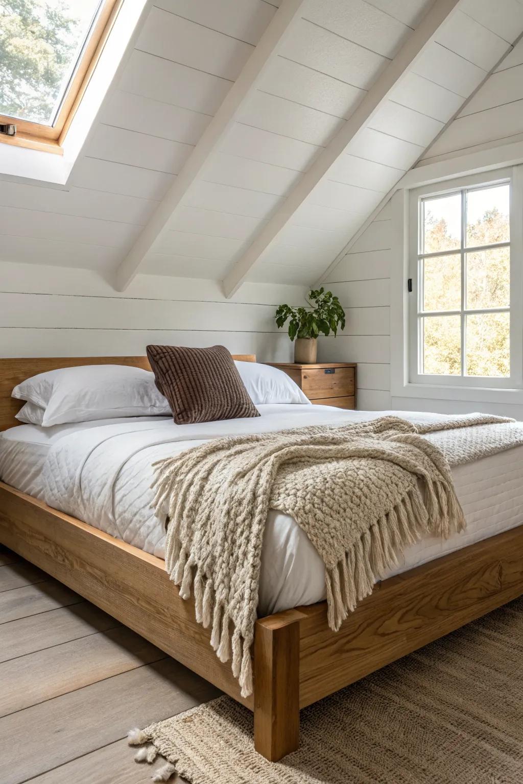 Layered linens and a chunky knit throw make a low-ceiling bedroom feel intentionally cozy.