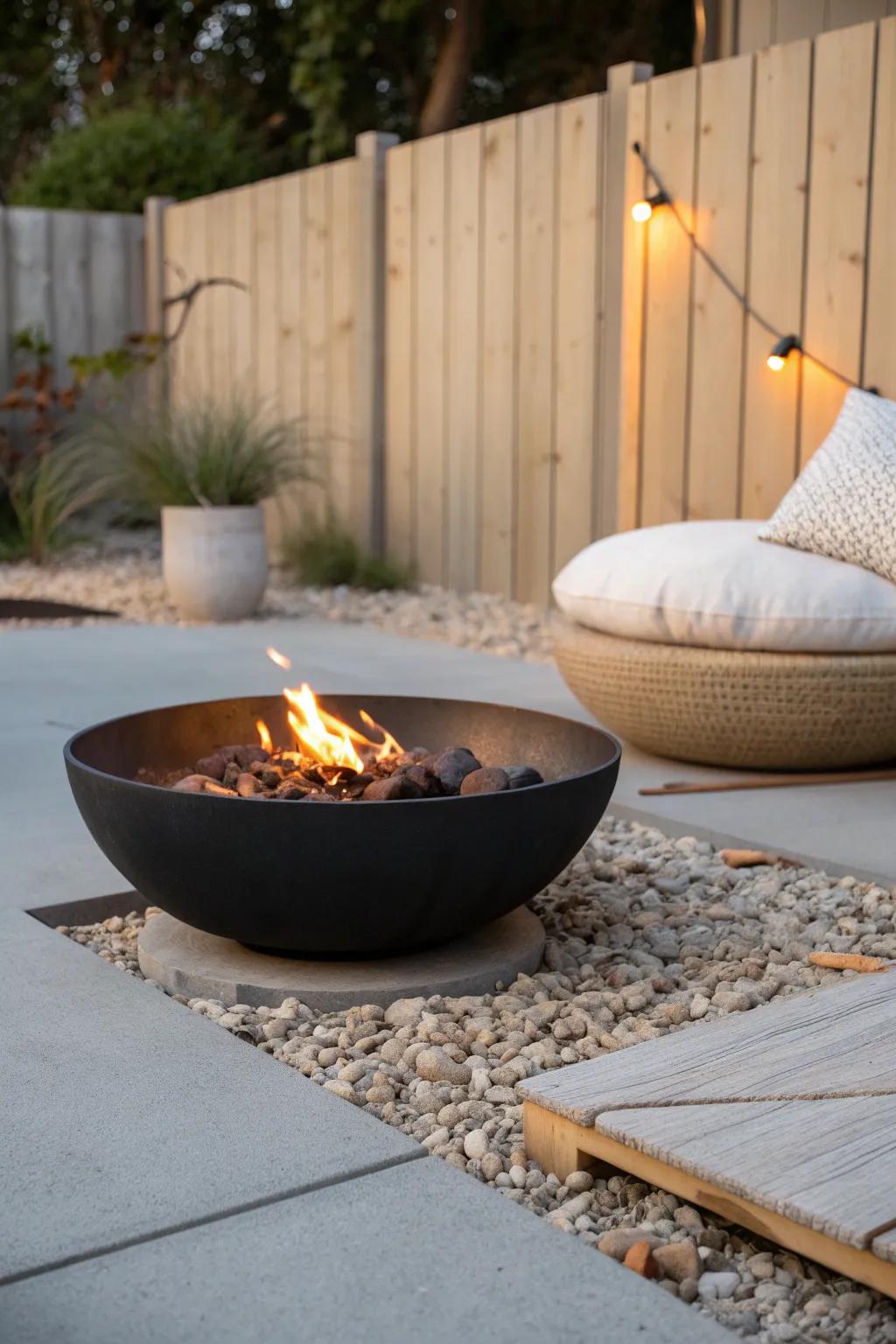A sleek corner fire bowl on gravel—cozy glow, zero mowing, and effortless cleanup.
