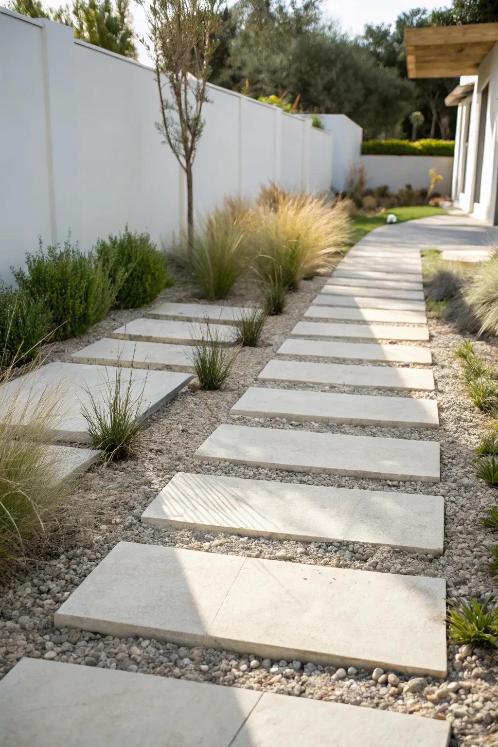 A wide, simple stepping-stone path keeps a tiny garden intentional—and plants safely untouched.