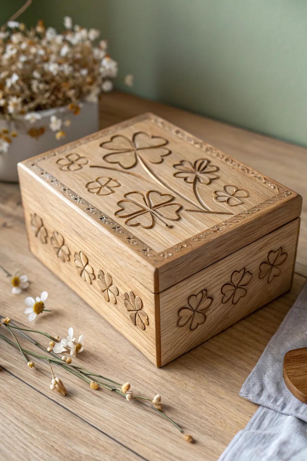 Treasure your family memories with this charming shamrock keepsake box, where simplicity meets elegance.