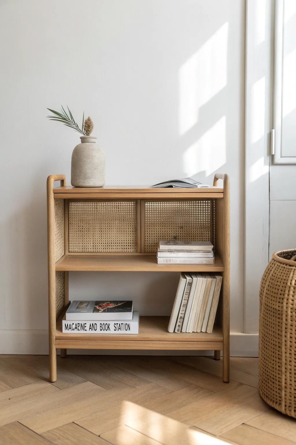 Two-tier reading station: magazines below, books above—small-space library vibes in one piece.