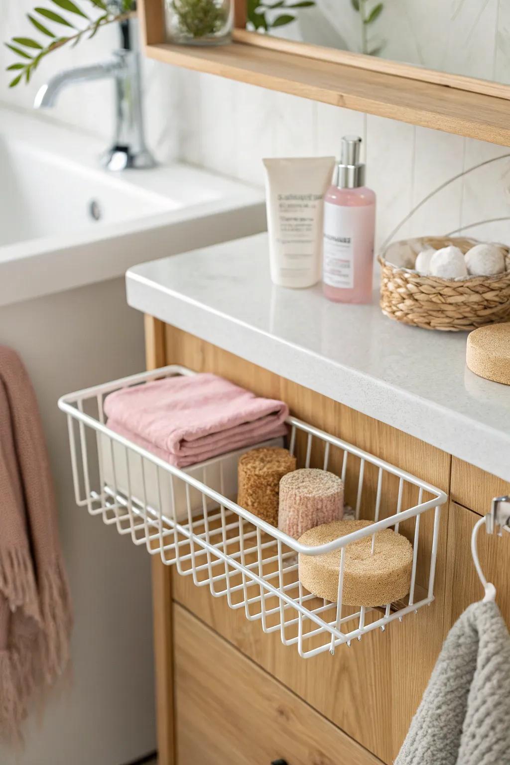 Add instant storage: a sleek clip-on under-shelf basket keeps makeup essentials within reach.