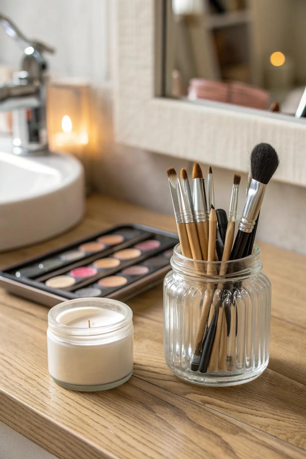 Turn a clean candle jar into a chic tool holder—cozy, minimal, and perfect for small vanities.