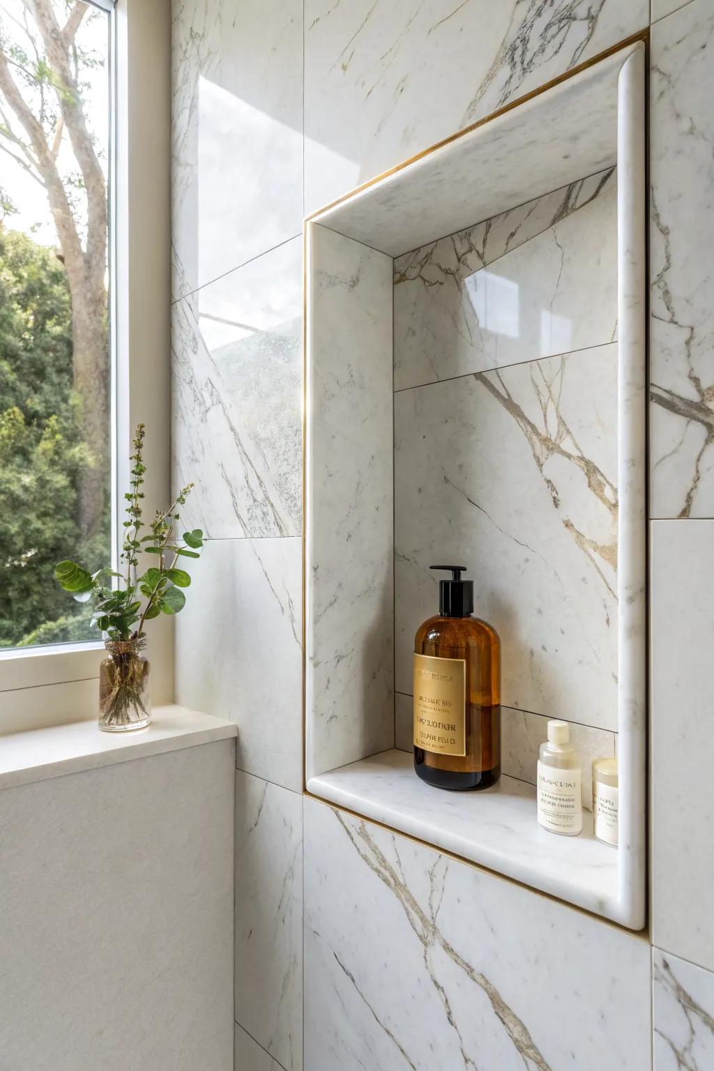 Book-matched marble veining turns a tiny shower niche into a stunning wall-art moment.