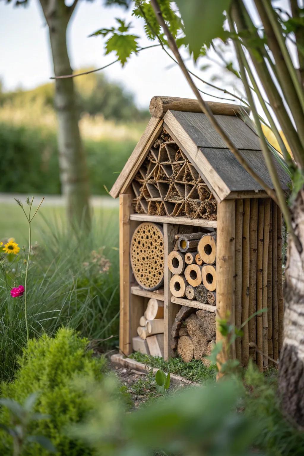Invite nature's little helpers with this charming bug hotel, a perfect blend of simplicity and elegance for your garden sanctuary.