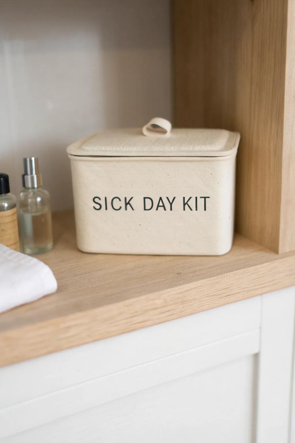 A labeled mini “Sick Day” kit keeps essentials easy to grab—calm, tidy, and ready at 2 a.m.