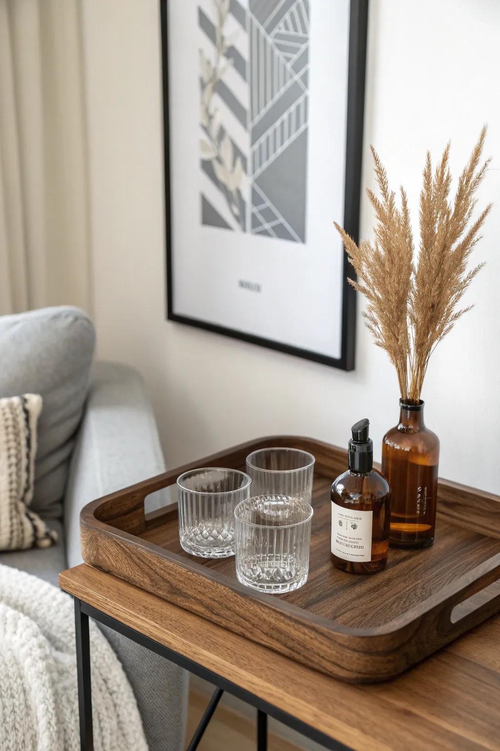A tiny corner drink station: one walnut tray, moody art, and instant grown-up vibes.