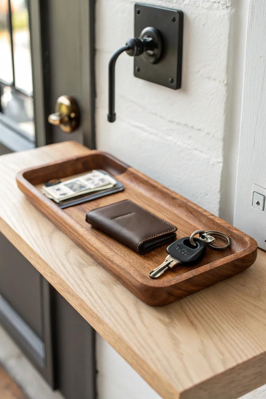 Handcrafted valet tray by the door: a calm, minimalist landing spot for keys and wallet.