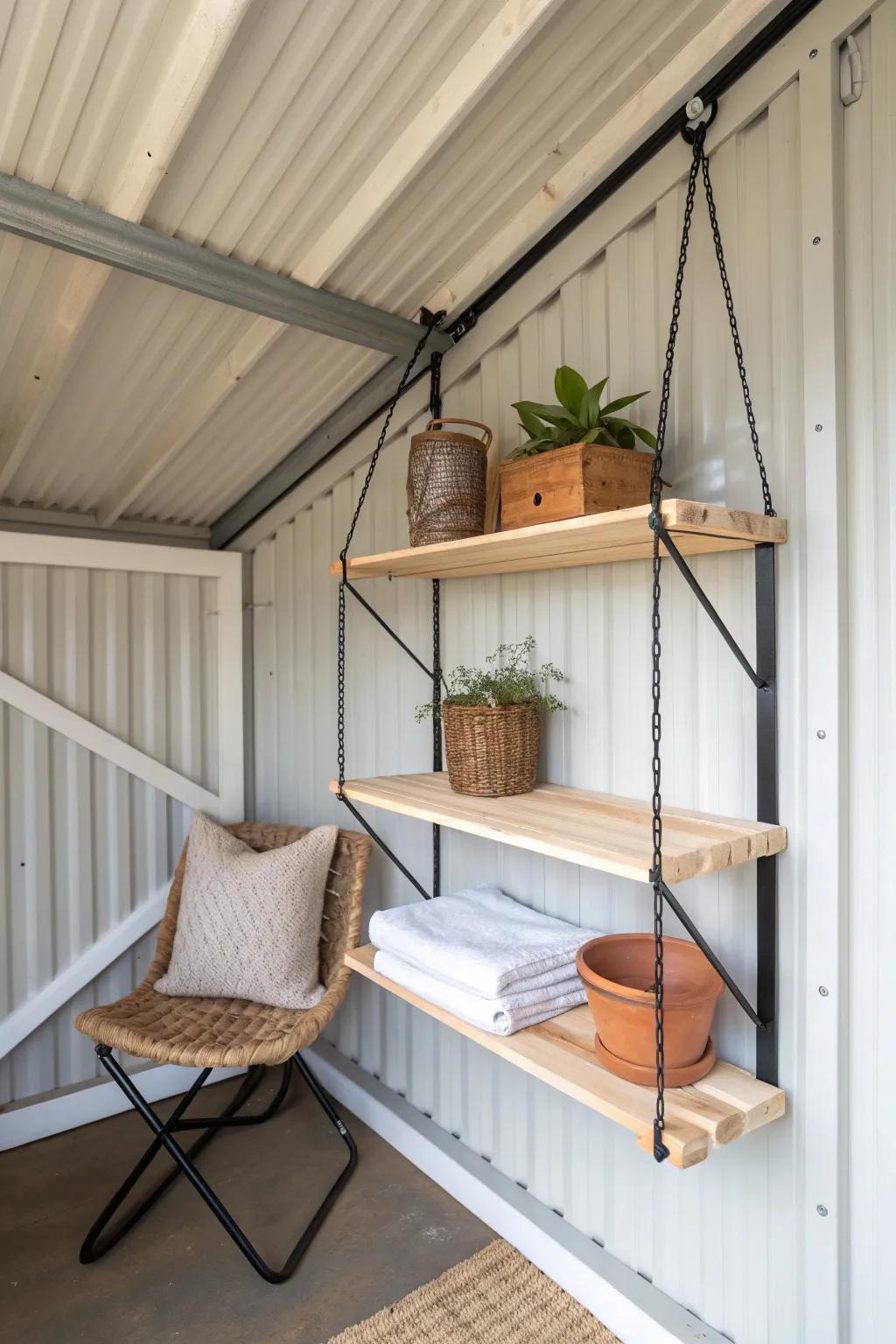 Ceiling-suspended shelf platform: add a second storage level in your metal shed—no floor space lost.